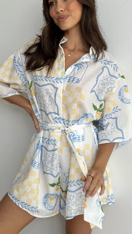 Margie Playsuit - Blue / Yellow Holiday Print