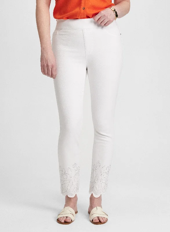 Embroidered Hem Pull-On Jeans