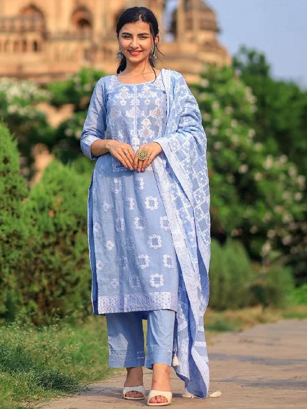 Blue Woven Design Cotton Straight Suit With Dupatta