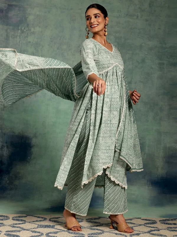 Green Printed Cotton A-Line Kurta With Palazzos & Dupatta